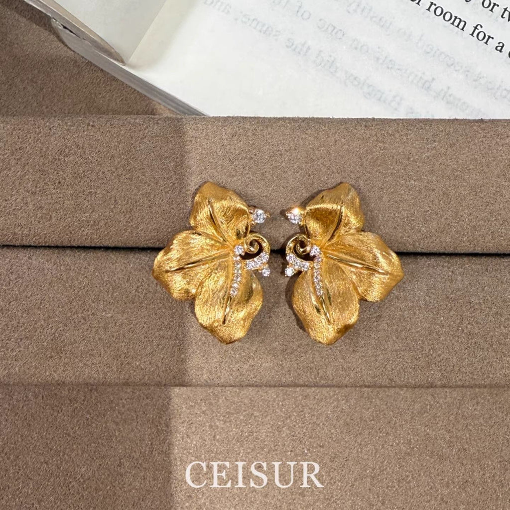 Italian Style Brushed Phalaenopsis Rhinestone Stud Earrings, Retro Heavy Craft All-Match Autumn Winter Fashion Ear Jewelry For Women
