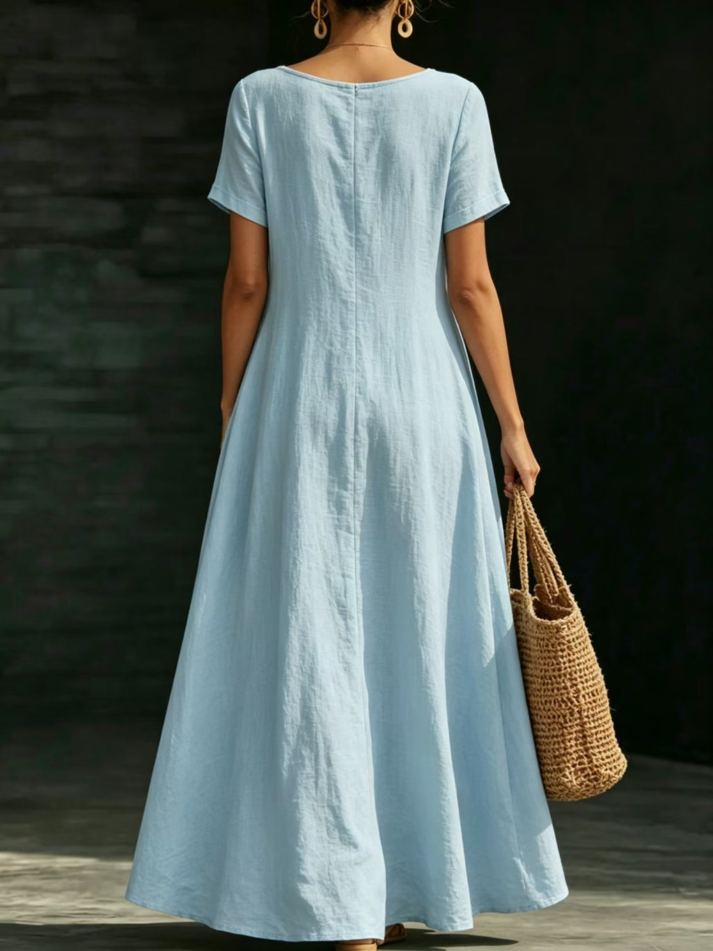 Summer U-Neck Short Sleeve Flowy Maxi Dress - Casual Solid Color Women's Loose Dress Summer Dress For Women