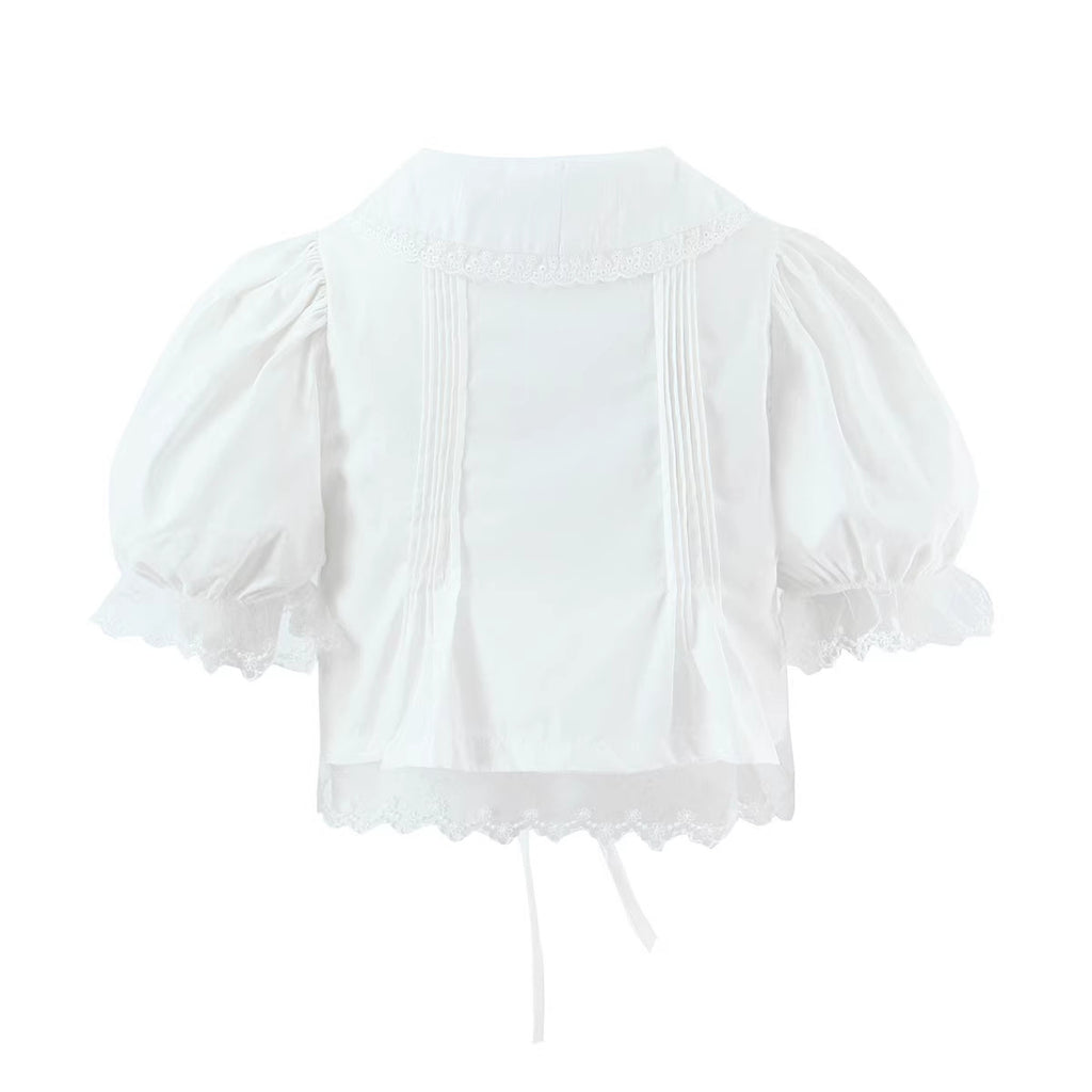 Cotton Mesh Lace Panelled Puff-sleeve Spicy-girl Style Cropped Top