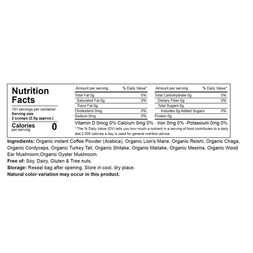 10in1 Mushroom Coffee Powder, Premium Arabica Instant Coffee Blend With Mane, Reishi, Chaga  8 Functional Mushrooms, Low Caffeine, Non GMO, FillerFree,1 LB