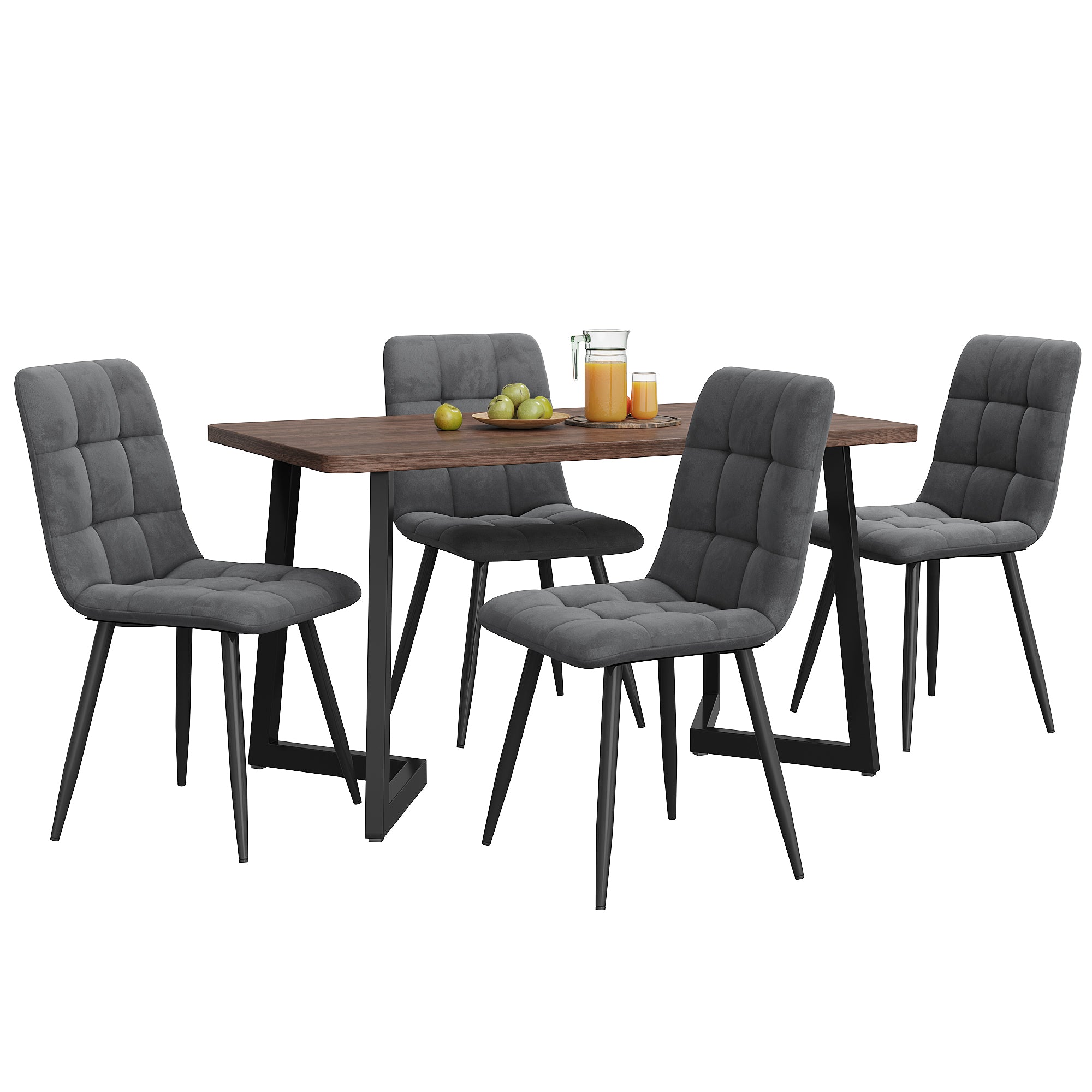 5-piece Dining Set With Table And 4 Chairs, Modern Kitchen Table Set, Wood Grain Kitchen Table With Black Metal Legs, MDF Tabletop In Walnut Color, Dark Gray Velvet Dining Chairs
