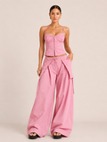 Spaghetti Strap Corset Top & Wrap Front Balloon Wide Leg Pants 2-Piece Set