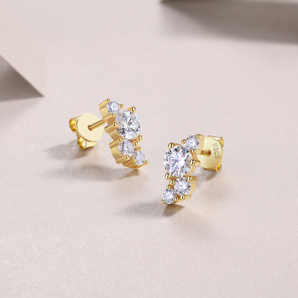 S925 Sterling Silver Asymmetrical Cluster Stud Earrings, D-VVS1 Moissanite, Platinum Plated 2.3g Women's Jewelry Gift Box