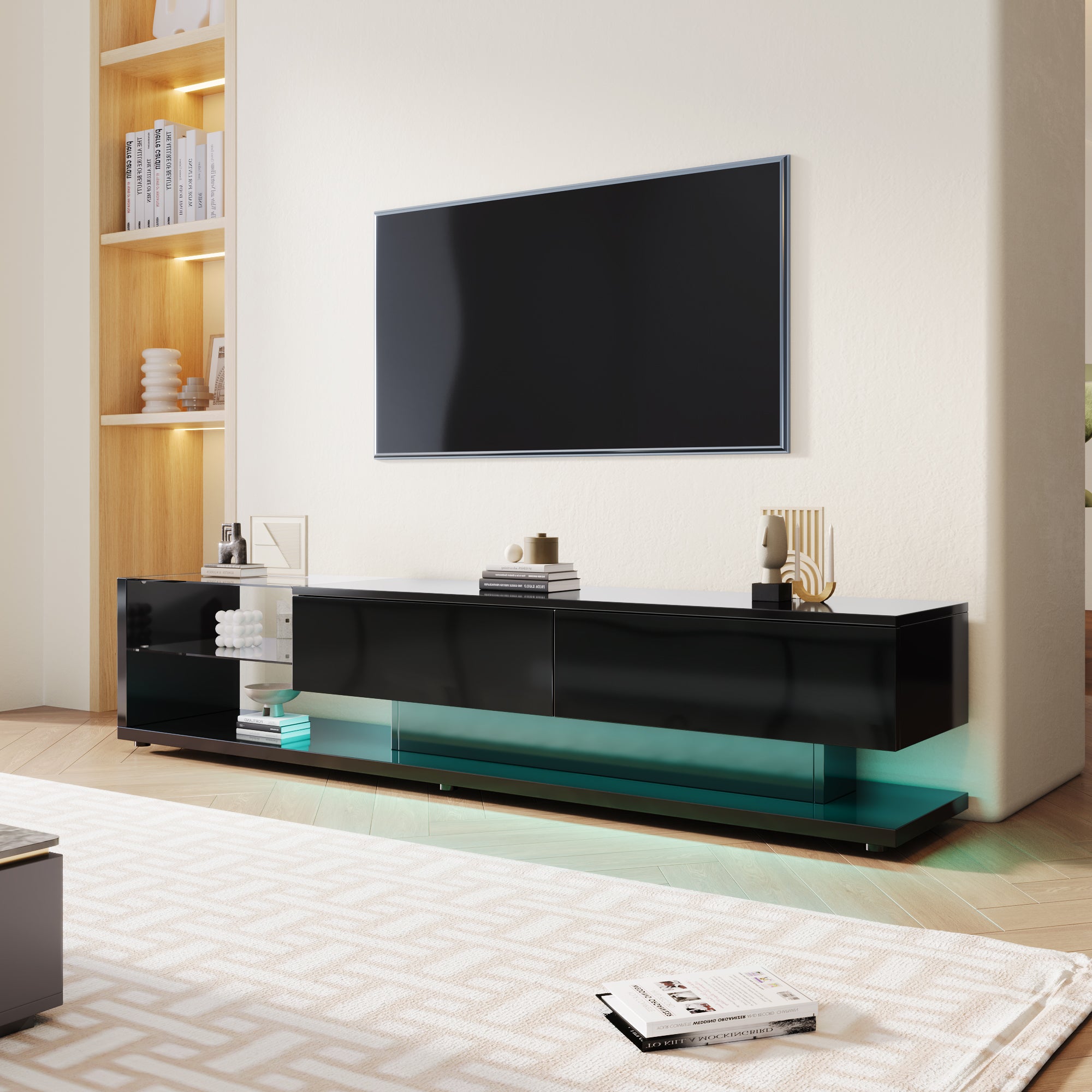 TV Cabinets, Lowboards, High-gloss Living Room Furniture. Glass Partitions And Variable LED Lighting. It Combines Natural, Rustic Style With Modern Design