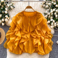 Womens Solid-color Round-neck Irregular Ruffled-edge Button-up Blouse