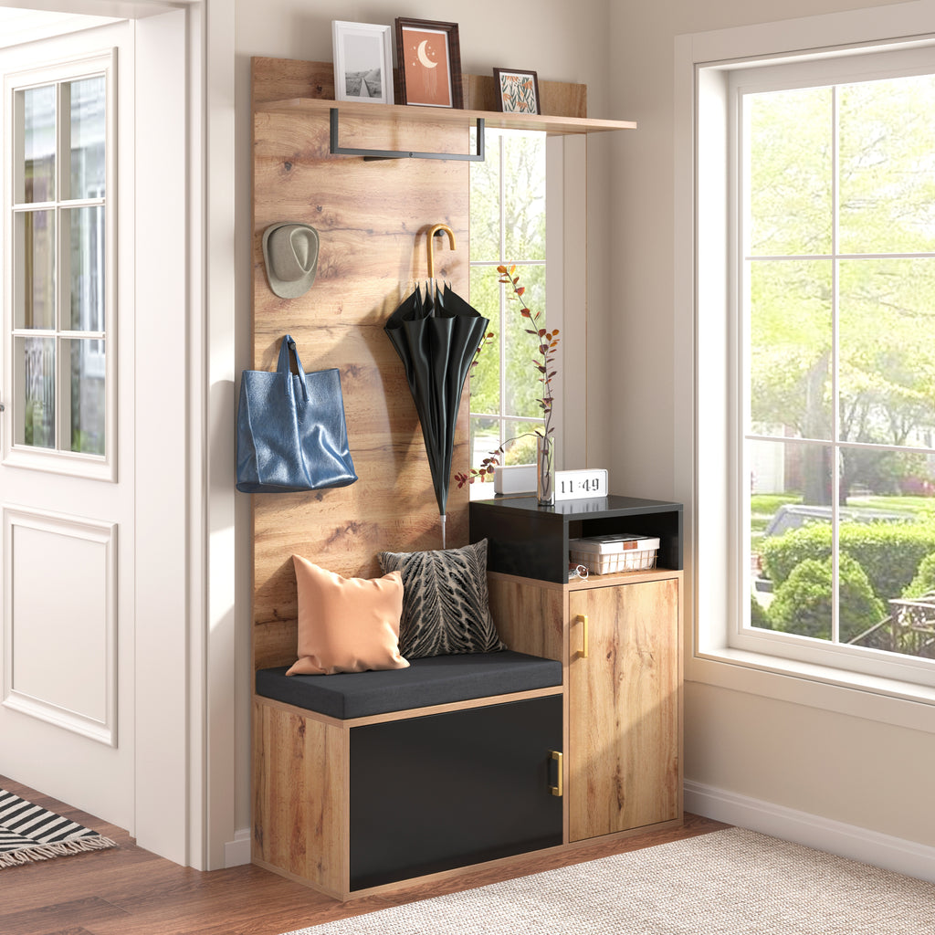 Wardrobe Set With 4 Coat Hooks, Mirror, Shoe Cabinet, Wall-mounted Coat Rack, Top Shelf, Hallway Bench. Not A One-piece Product Requires Drilling And Punching Holes In The Wall.