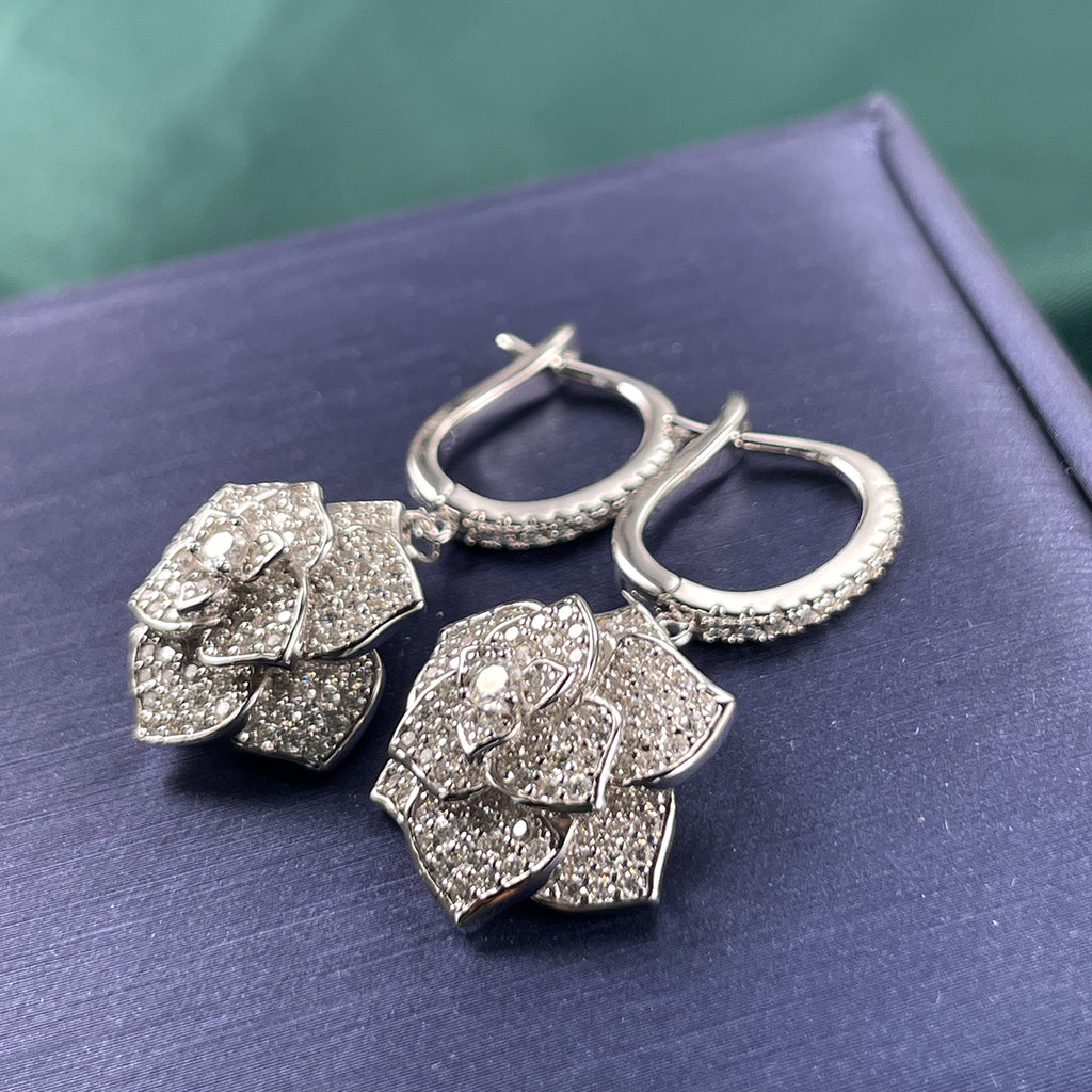 S925 Sterling Silver Rose Drop Earrings, D-VVS1 Moissanite Pave Lever-Back Dangle, Platinum Plated 10.2g Fine Jewelry Gift Box