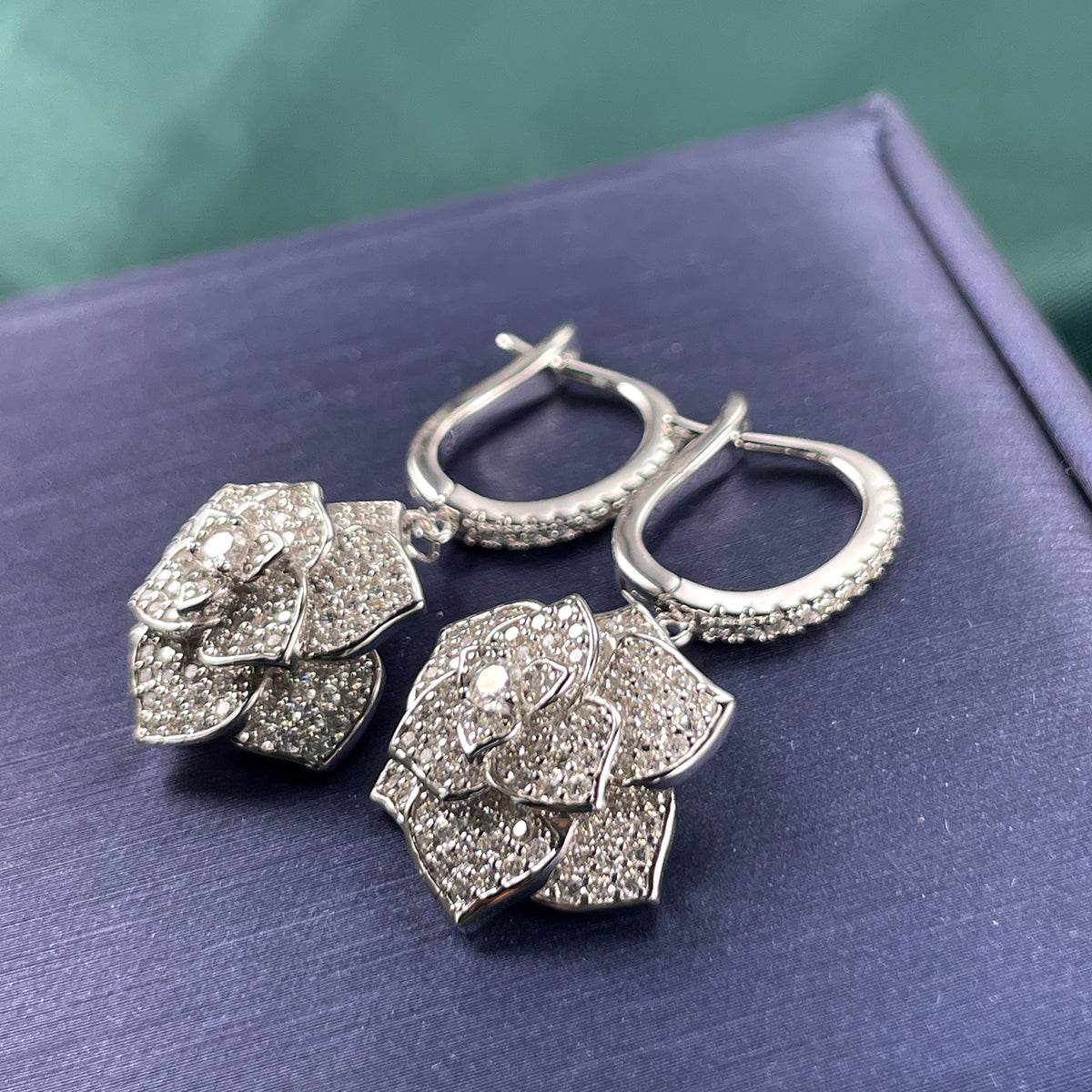 S925 Sterling Silver Rose Drop Earrings, D-VVS1 Moissanite Pave Lever-Back Dangle, Platinum Plated 10.2g Fine Jewelry Gift Box
