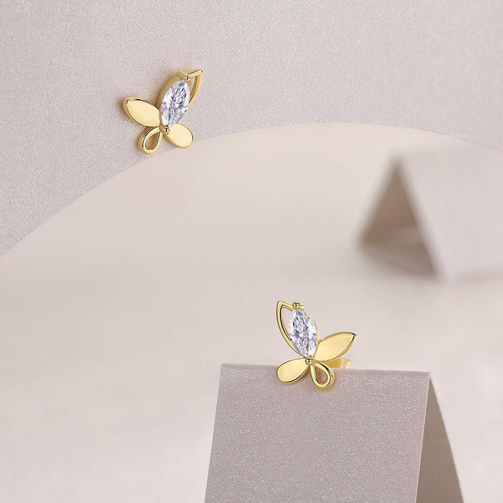 S925 Sterling Silver Gold Plated Abstract Butterfly Stud Earrings, 0.6ct D-VVS1 Moissanite, 1.7g Women's Jewelry Gift Box