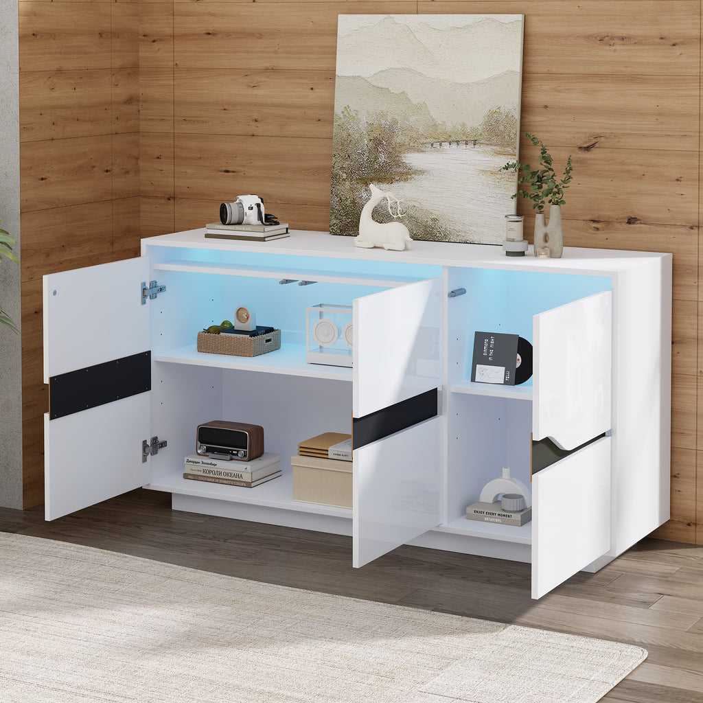 140X40X70cm Living Room Credenza,Sideboards With 3 Doors,Versatile Chest Of Drawers With Adjustable Dividers,Wide Handleless Lockers,High Gloss Sofa Side Cabinet With LED,White-Black