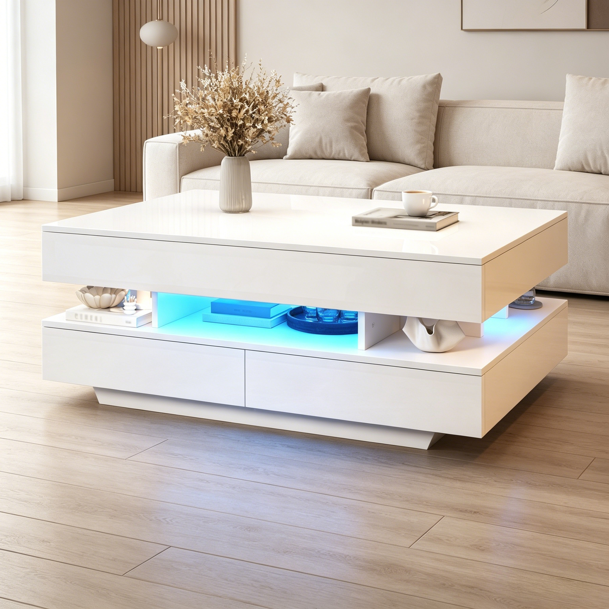 100x50x45cm Height Adjustable Coffee Table With LED & Storage Space, High Gloss Living Room Table, Coffee Table, Side Table, Lift-Top Coffee Table Up To 58.5cm, 50kg Load Capacity