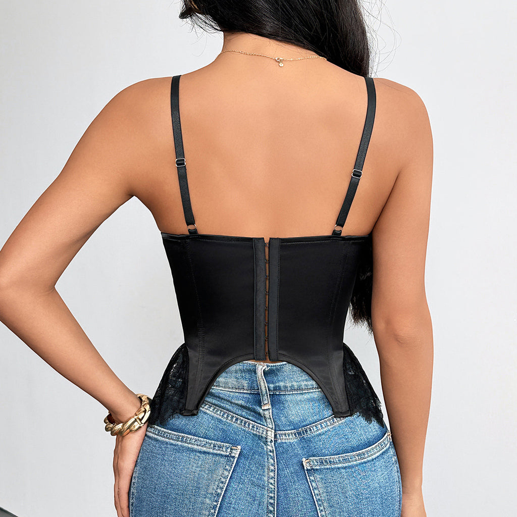 New Arrival Matte-Satin Lace-Panel Slimming Underwire Boning Strap Top For Women