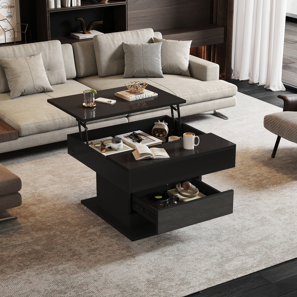 70x70x45cm Geometric Coffee Tish,Top Table Top 360 Free Swivel,Liftable Coffee Table With 1 Drawer,High Gloss Living Room Table With Hidden Storage, Sofa Table,Side Table,Black