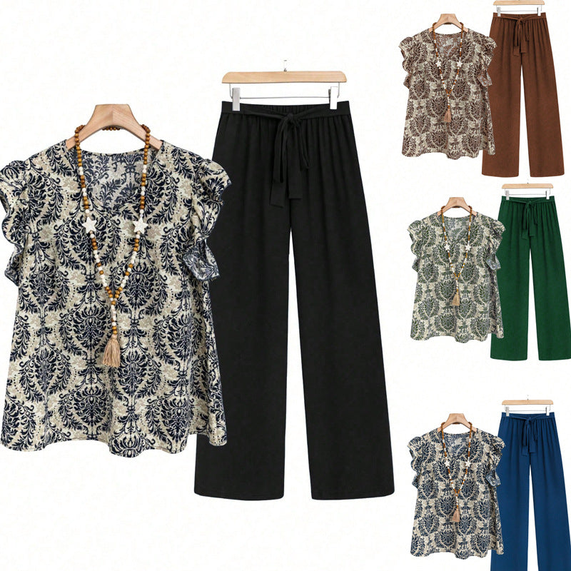 Loose Ruffled Sleeves Printed T-shirt Suit