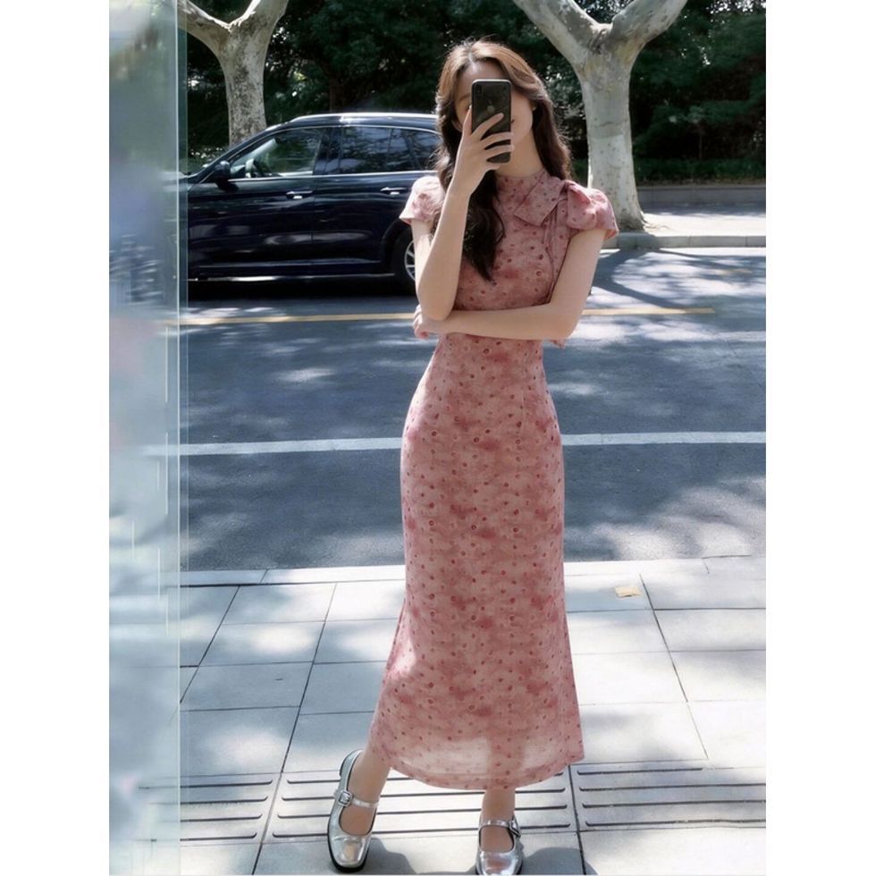 Elegant Polka-dot Bow Cheongsam Dress For Women
