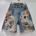 Lace-floral Patchwork, Brushed-texture Distressed Denim Shorts With Rhinestones And A Back Elastic Waist