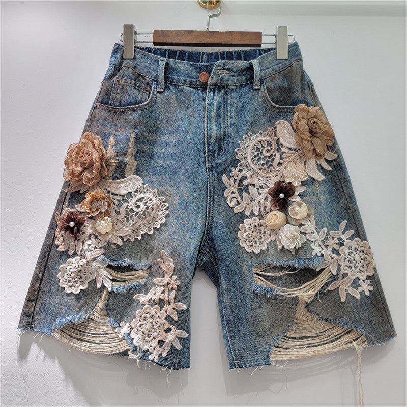 Lace-floral Patchwork, Brushed-texture Distressed Denim Shorts With Rhinestones And A Back Elastic Waist