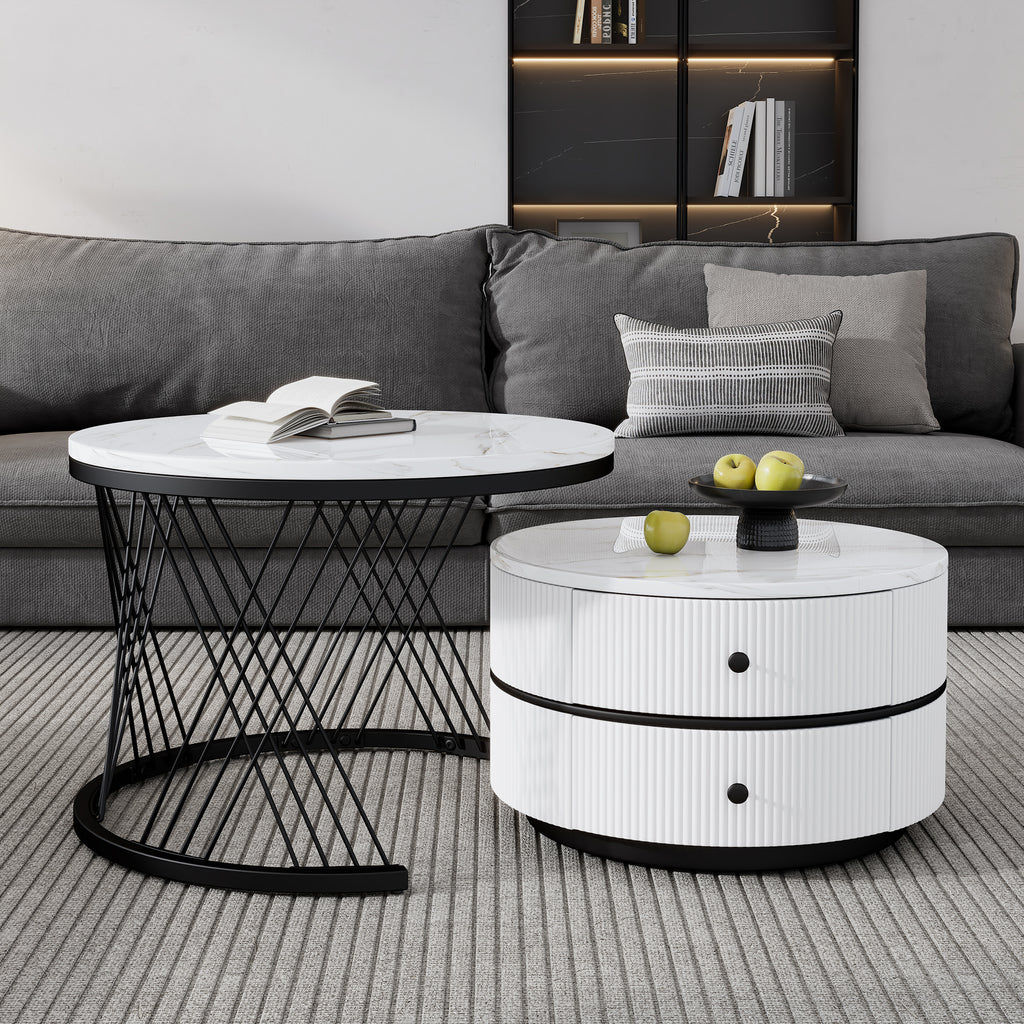 Elegant 2-piece, White Coffee Table Set In Nest Shape, 60x60x46cm & 50x50x31cm, Round Tables With High Gloss Marble Look, 2 Drawers, Loadable Up To 30kg, Nesting Combination Coffee Table