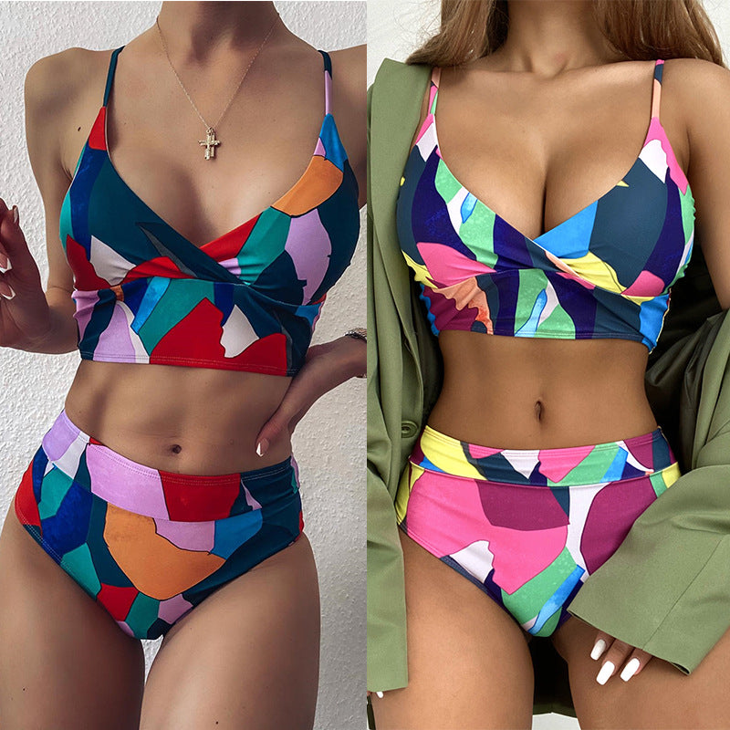 Geometric Print V-Neck Bikini Split Swimsuit