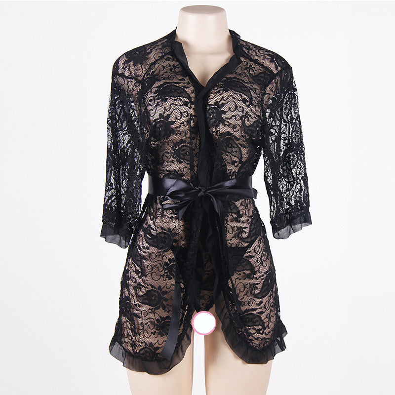 European And American Foreign Trade Sexy Underwear Wholesale Black Lace Bandage Robe Sexy Plus Size