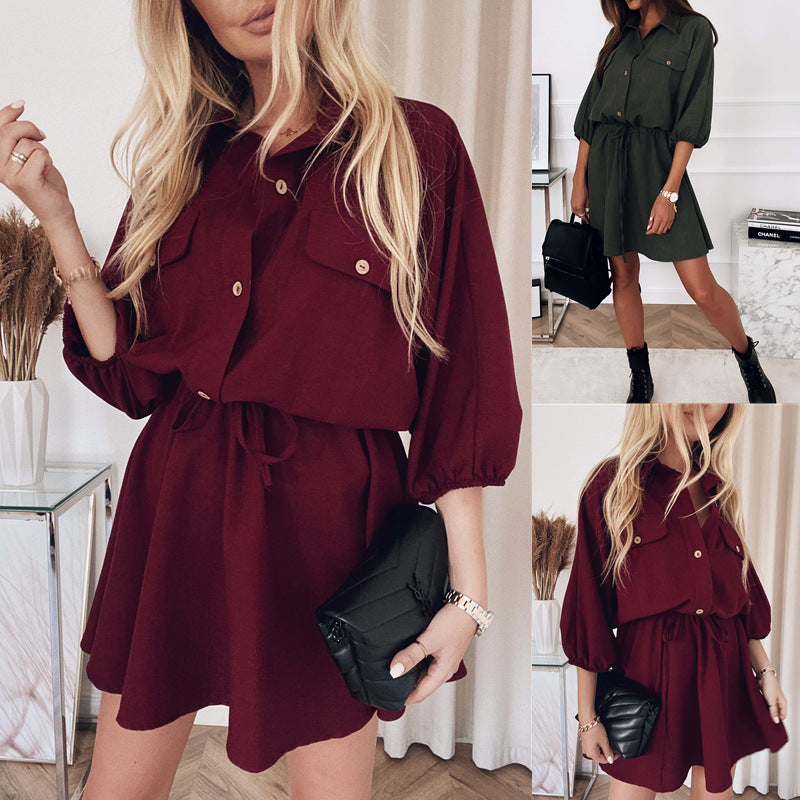 Lapel Solid Color Three-quarter Sleeve Drawstring Dress