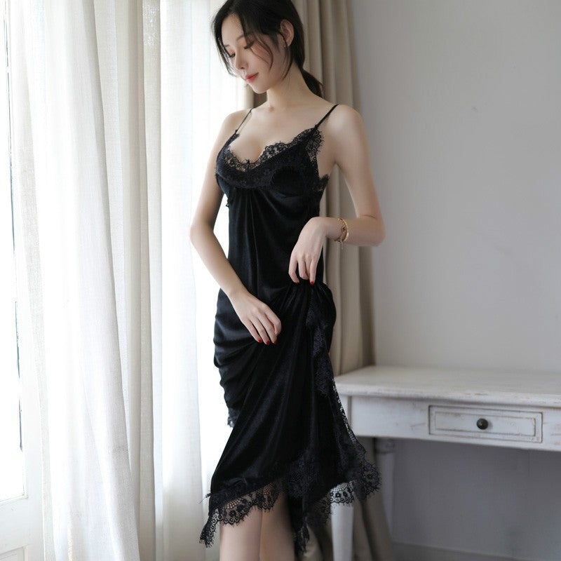 Sexy Gold Velvet Lace Stitching Sexy Sling Temptation Princess Style Long Dress Home Wear Nightdress