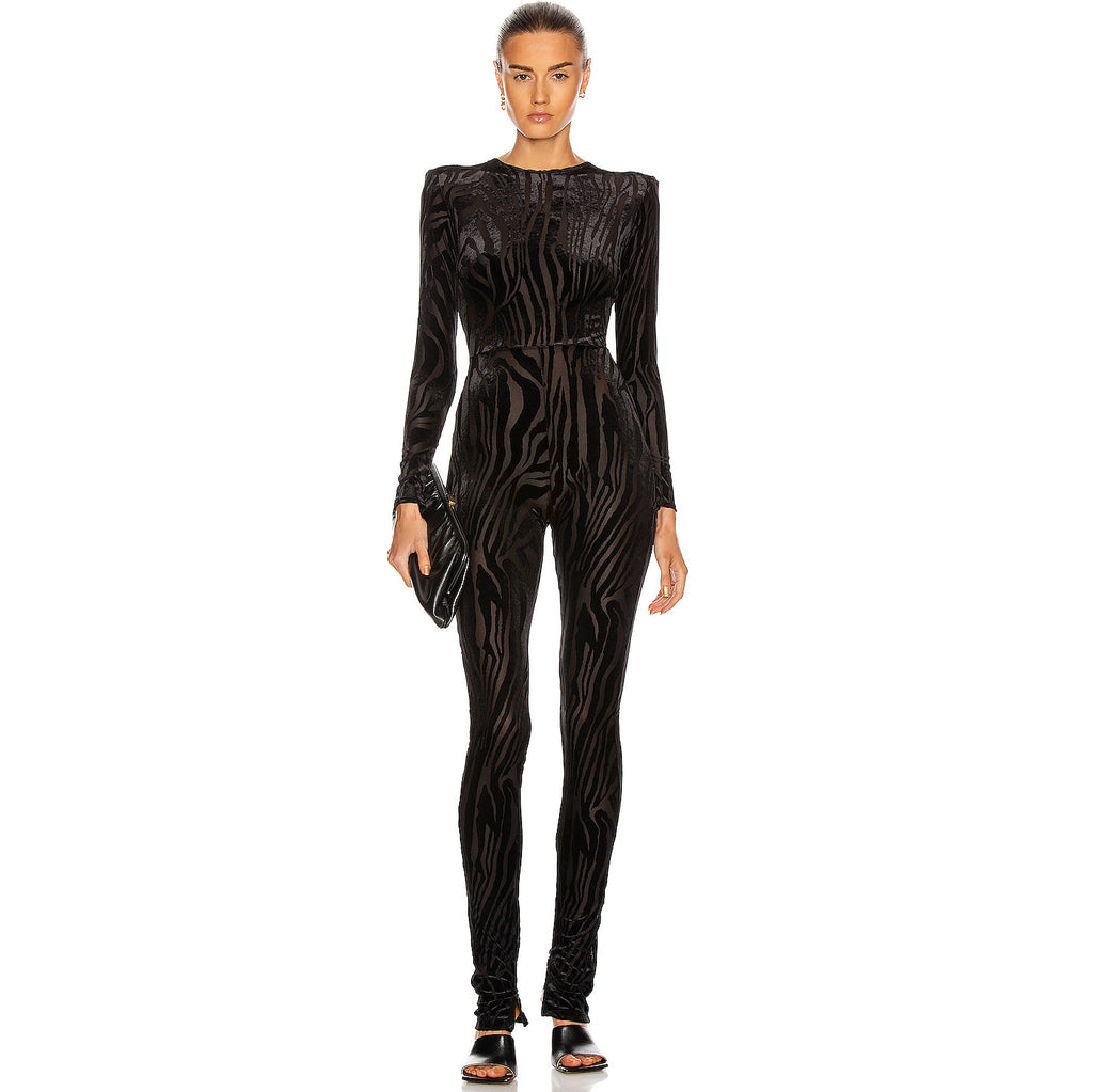 Temperament Flocking Net See-Through Long-Sleeved Tight-Fitting And Thin Jumpsuit Women'S Bag Buttocks Feet Trousers