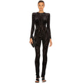 Temperament Flocking Net See-Through Long-Sleeved Tight-Fitting And Thin Jumpsuit Women'S Bag Buttocks Feet Trousers