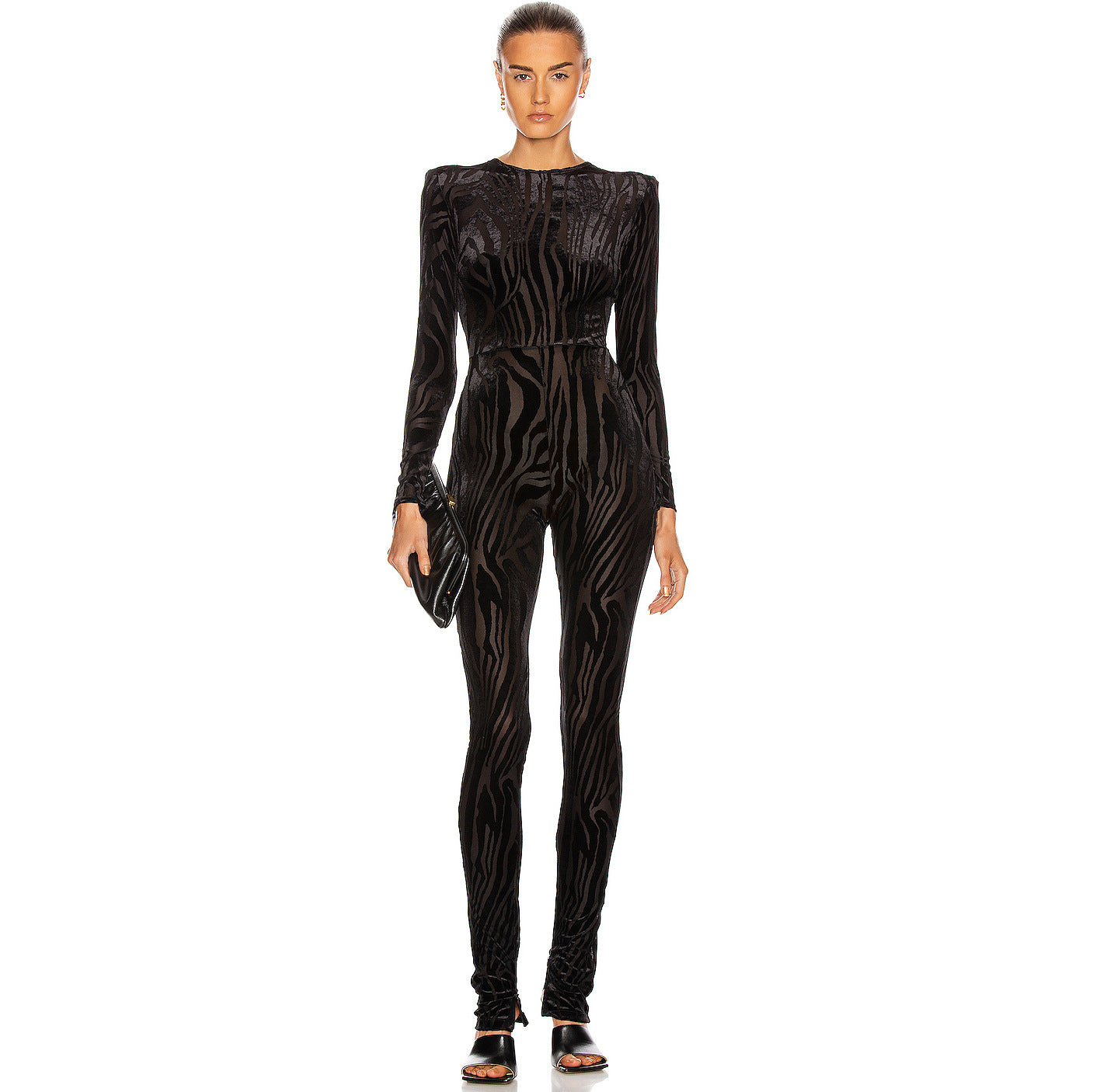 Temperament Flocking Net See-Through Long-Sleeved Tight-Fitting And Thin Jumpsuit Women'S Bag Buttocks Feet Trousers