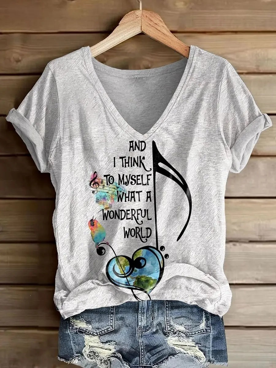 Womens Fashionable Loose-fit Casual V-neck Short-sleeve Top