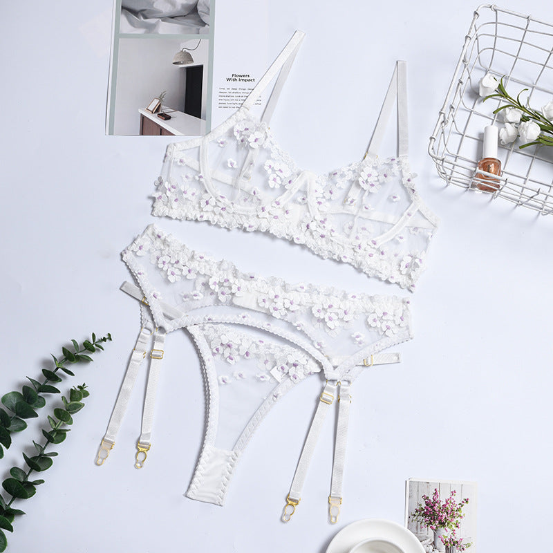 Sexy Lingerie Ladies Three-piece Embroidered Steel Ring