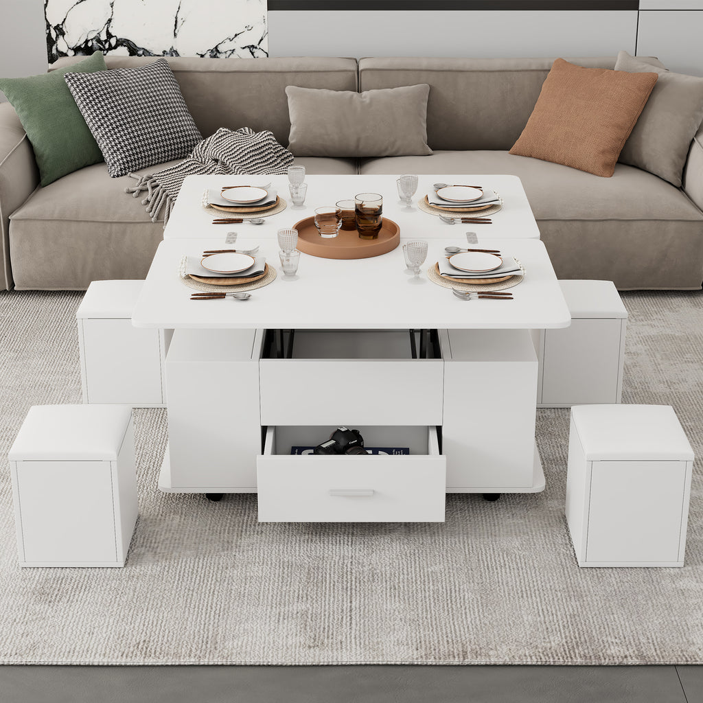 Height-adjustable Coffee Table, Movable Sofa Table, 4-in-1 Multifunctional Coffee Table Convertible Into A Living Roomdining Table, Coffee Table With Drawers, With 4 Stools, White