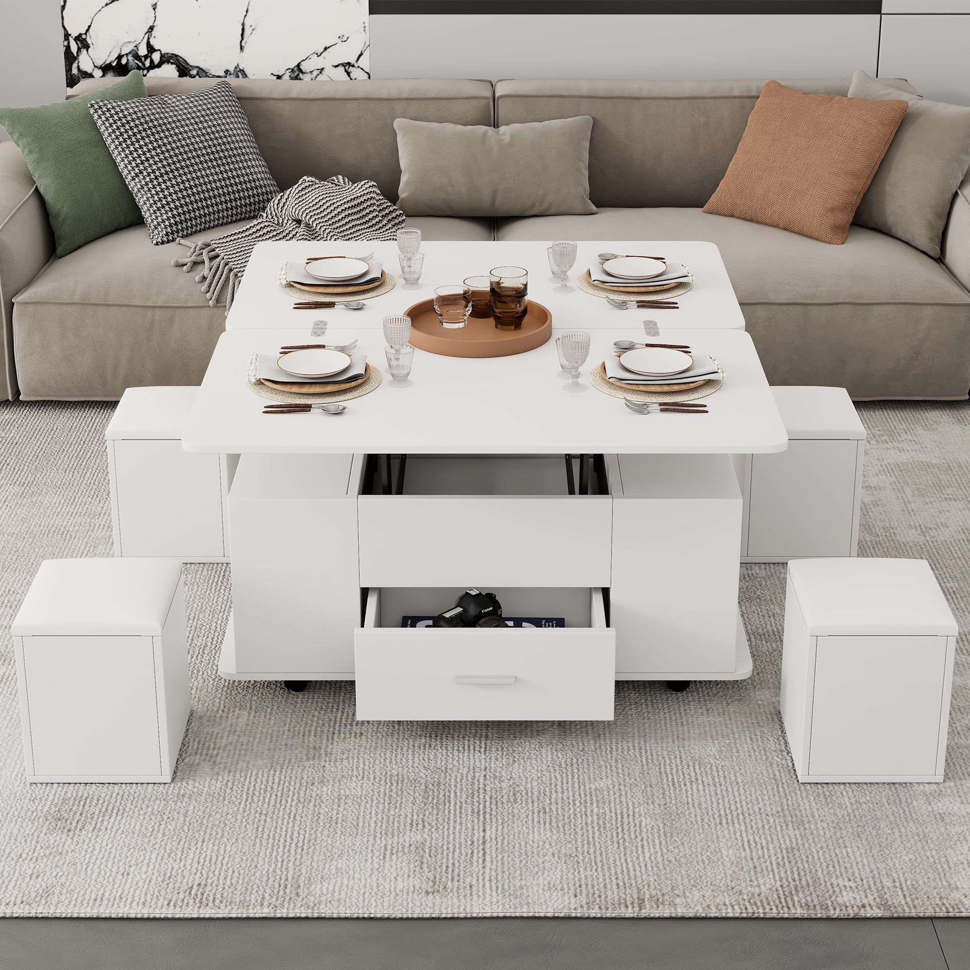 Height-adjustable Coffee Table, Movable Sofa Table, 4-in-1 Multifunctional Coffee Table Convertible Into A Living Roomdining Table, Coffee Table With Drawers, With 4 Stools, White