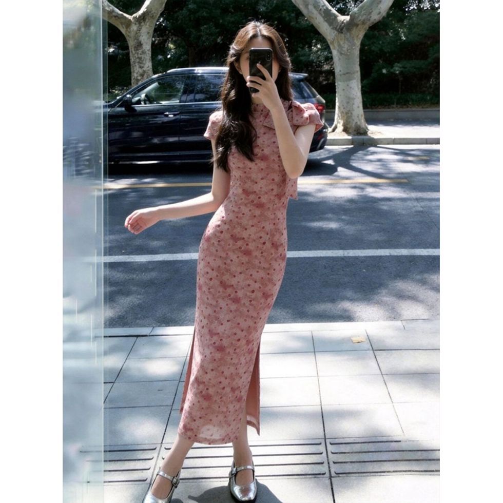 Elegant Polka-dot Bow Cheongsam Dress For Women