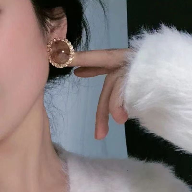 Vintage Mid-Century Maillard Style Amber Tone Oval Rhinestone Earrings, High-End Light Luxury Elegant Stud Jewelry For Women