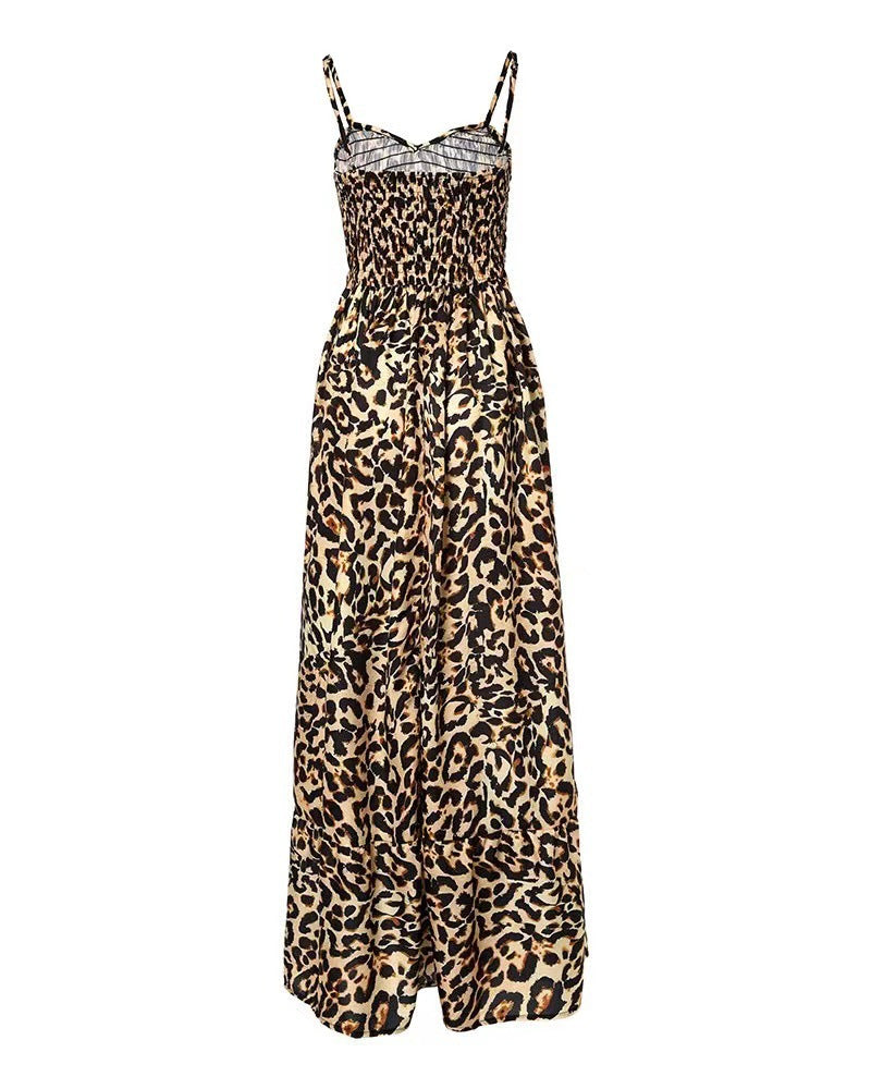 Women's Leopard Print Spaghetti Strap Tiered Maxi Dress V-Neck Smocked Waist Flowy Long Dress For Summer