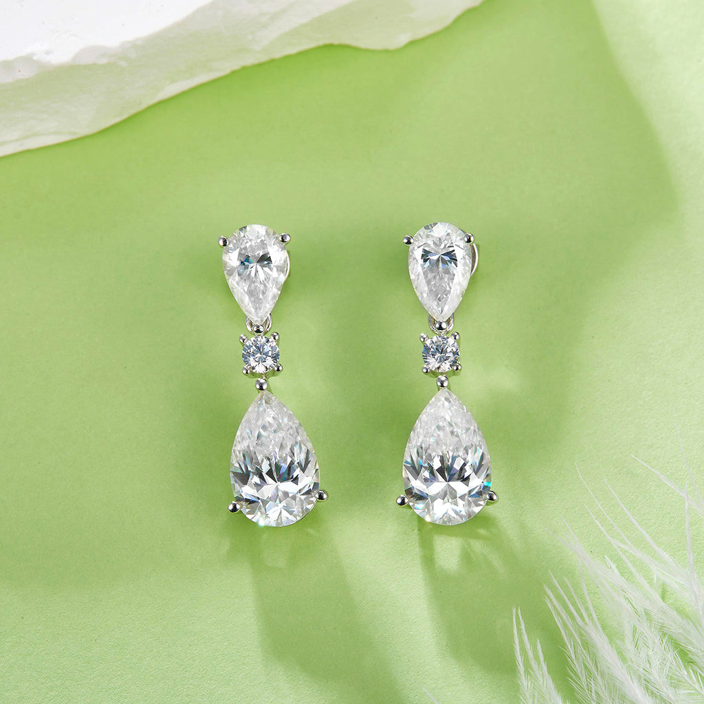 S925 Sterling Silver Pear Moissanite Drop Earrings, 10x7mm D-VVS1 Three-Stone Dangle, Platinum Plated 3.6g Fine Jewelry Gift Box