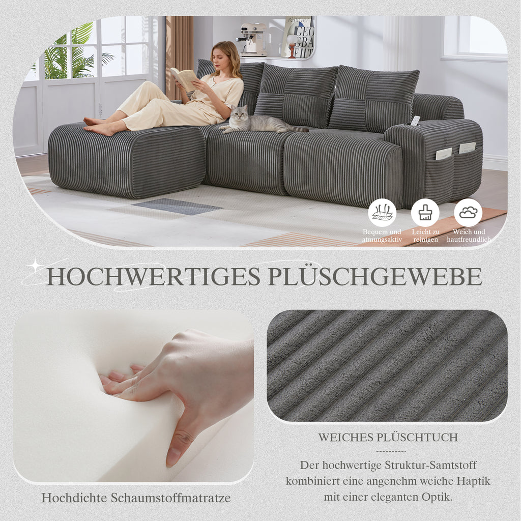 Modular Corduroy Sofa For 3 People  With Stools , Freely Combinable, Including Cup Holder And Side Storage Bag, Ideal For Living Room, Family Room And Other Rooms.