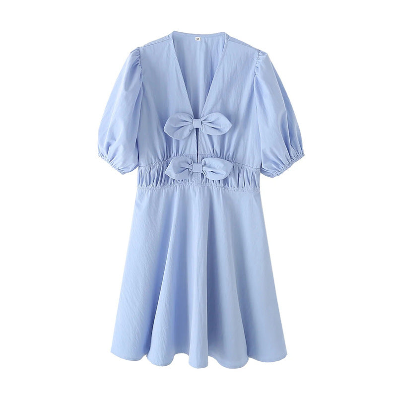 Bow-tie Deep V-neck High-waisted Lantern-sleeve Short A-line Dress
