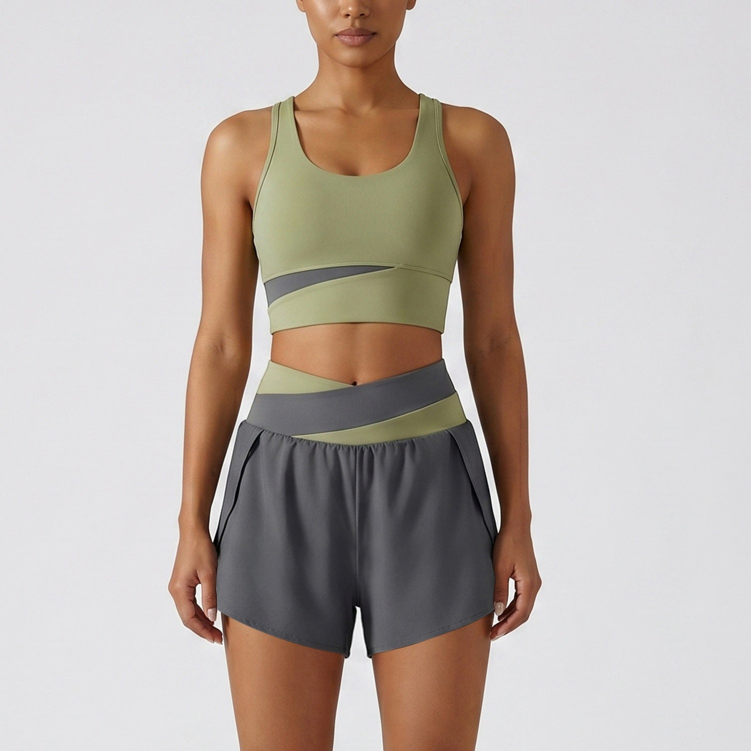 Color-block Sports Top And Shorts Set For Women