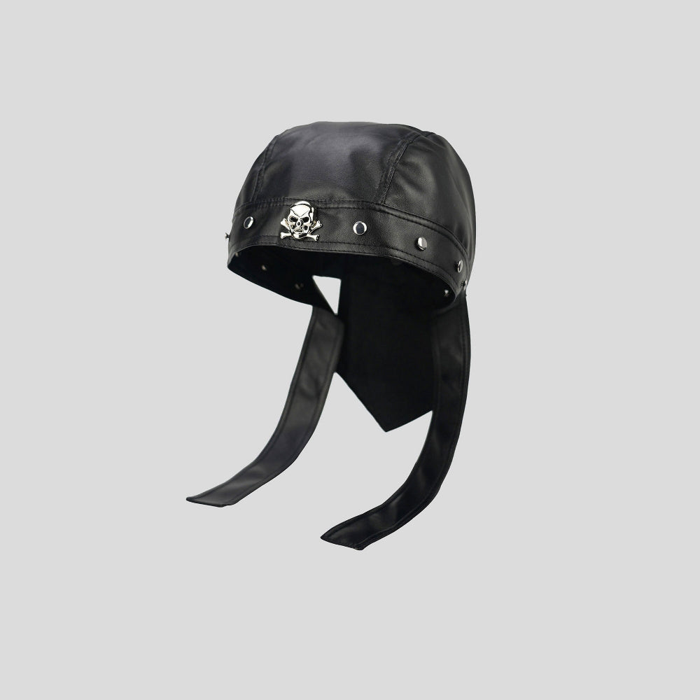 Men's And Women's Size. Black PU Leather Skull Rivet Ribbon Street Punk Style Pirate Hat. Suitable For Motorcycle Outfits. Daily Personalized Ear Protection Hat.
