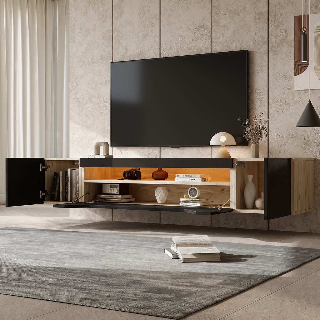 TV Cabinet With 3 Storage Compartments, Lowboard, Floating Wall-mounted TV Unit, High-gloss TV Cabinet With LED Light, TV Table, Wall-mountable, Suitable For 75-inch TVs, Black  Original