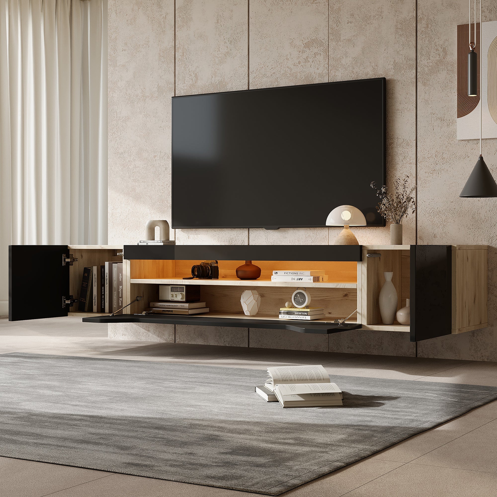 TV Cabinet With 3 Storage Compartments, Lowboard, Floating Wall-mounted TV Unit, High-gloss TV Cabinet With LED Light, TV Table, Wall-mountable, Suitable For 75-inch TVs, Black  Original