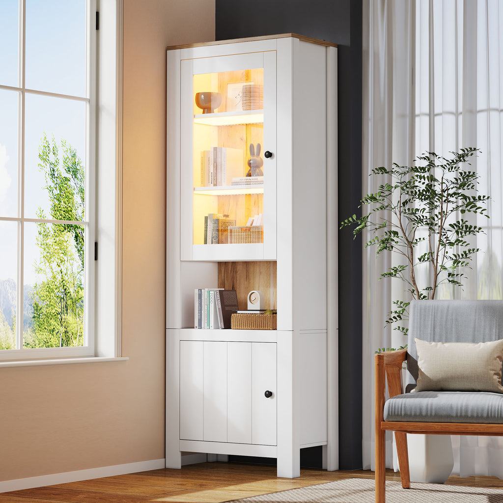 70 X 40 X 188 Cm Tall Cabinet, Freestanding Display Cabinet With 2 Cabinet Doors, Six Shelves, A Back Panel In Natural Wood Look, Adjustable Shelves, Glass Display Case With LED Lighting, White  Natu