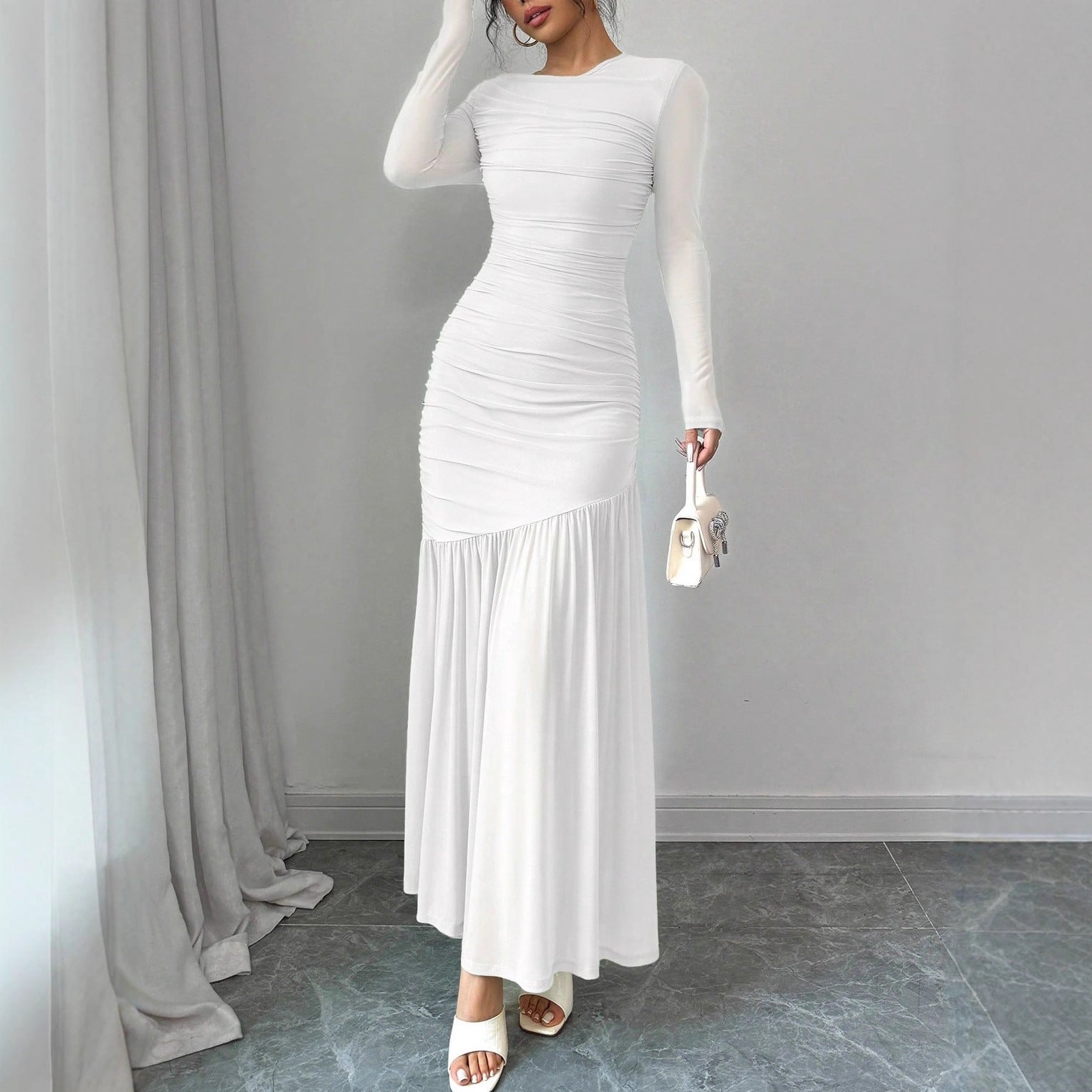 Fashionable Slim-fit Pleated Elegant Long-sleeve Dress