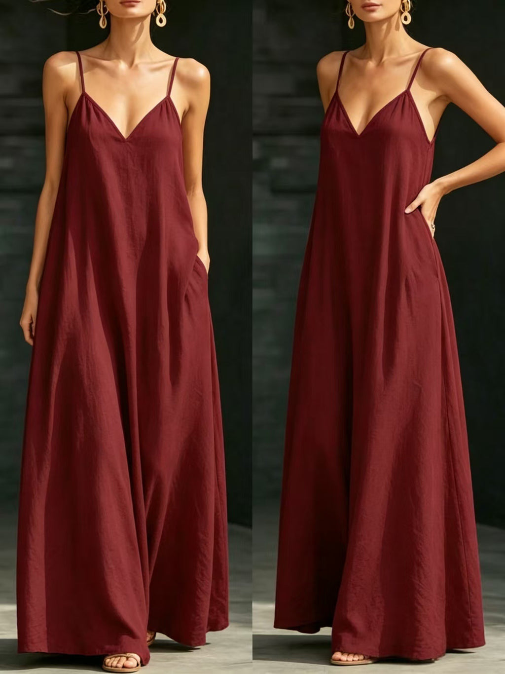 Summer V-Neck Spaghetti Strap Flowy Maxi Dress - Casual Fashion Solid Color Long Dress For Women Vaction Dress