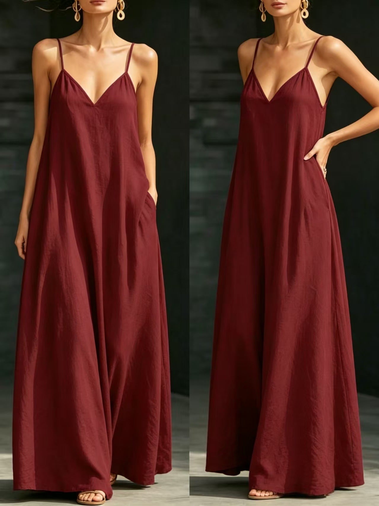 Summer V-Neck Spaghetti Strap Flowy Maxi Dress - Casual Fashion Solid Color Long Dress For Women Vaction Dress