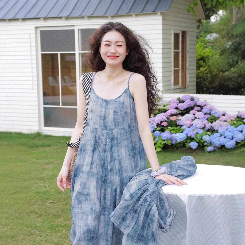 Women's Printed Shirt Top And Strap Dress
