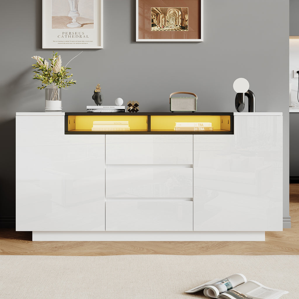 140X40X68cm Living Room Sideboard With 2 L-Shaped Doors,Living Room Cabinet With Adjustable Dividers And LED Lights,High Gloss Cabinet With 3 Drawers,Chest Of Drawers,White-Black