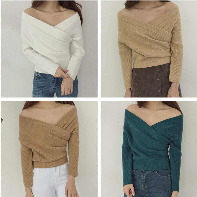 Womens Slim-Fit Knitted Sweater With A Cross V-Neck